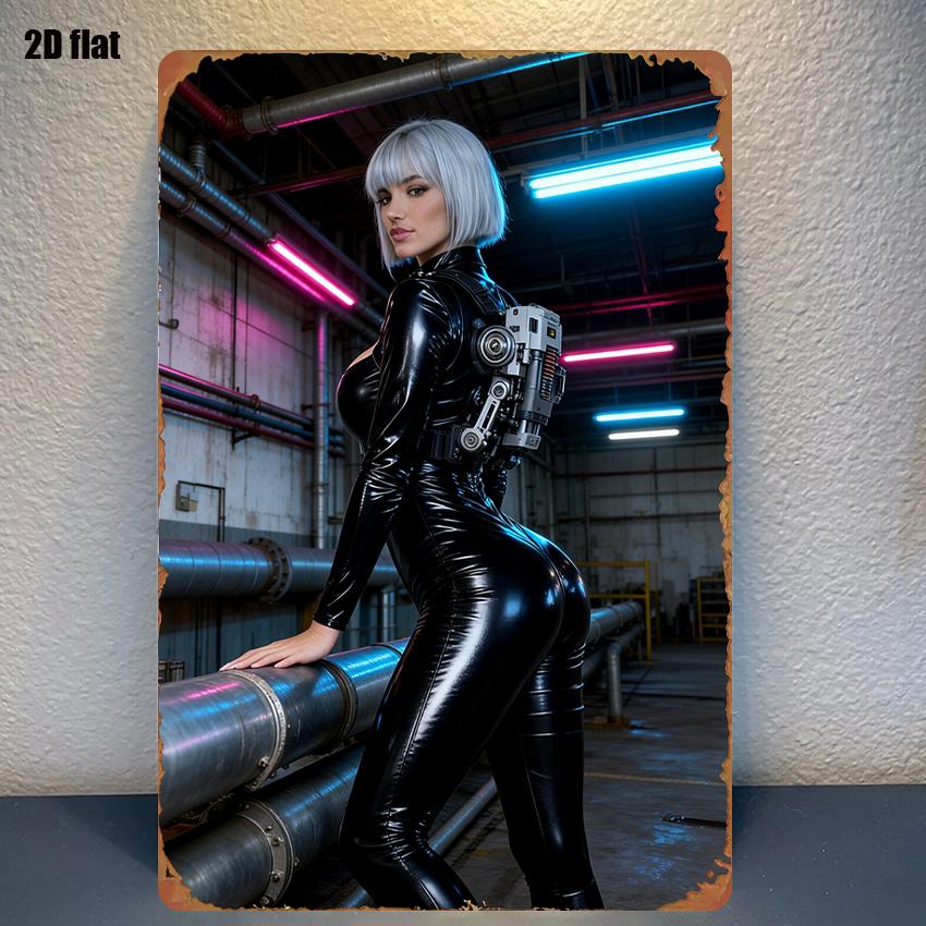 pc Sign Futuristic Tech Female Robot Industrial Style Background Metal Wall Art with PreDrilled Holes for Easy Hanging Durab