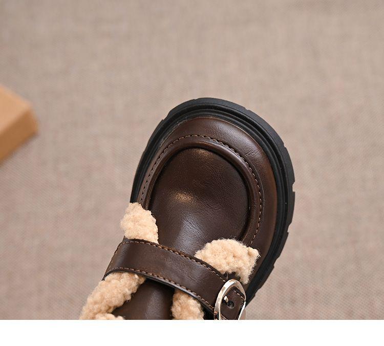 2025 Girls' Fleece-Lined Leather Loafers with Buckle, Thick-Soled Mary Janes, Brown