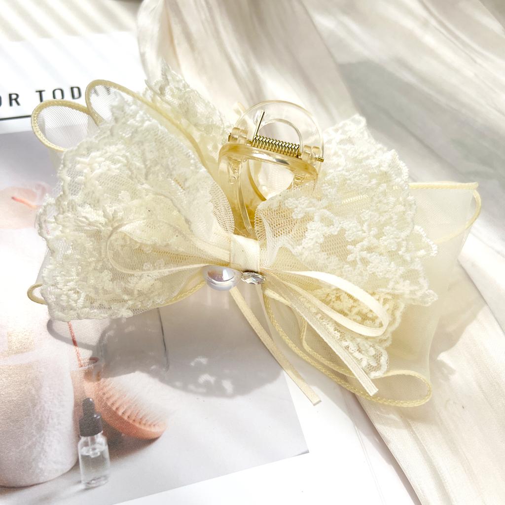 Women's Black Sweet Large Double Deck Bow Hair Claw Clip,Net Bowknot With Jewly Hairpin,Fashionable Hair Accessories