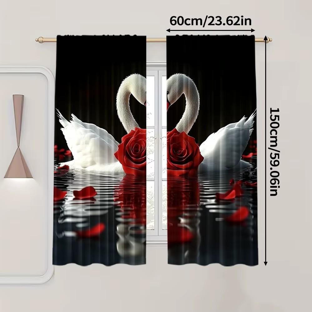 Romantic Swan Red Rose Print Curtains Flat Perfect Valentine Day Bedroom Living Room Window Decoratio Set Of 2 Made Polyester Great Decor