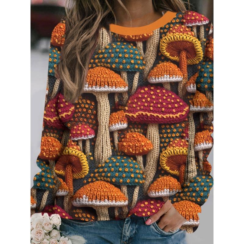 Cartoon Pattern Women's Long-sleeved T-shirt Loose-fitting Casual Long-sleeved Top Mushroom Print Oversize Women's Clothing