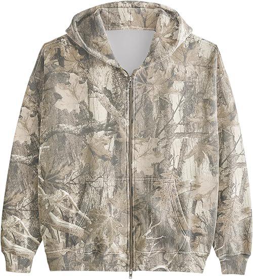 Women's Men's Camo Zip Hoodie Maple Leaf Print Oversized Hooded Sweatshirt Wool Long Sleeve Jacket