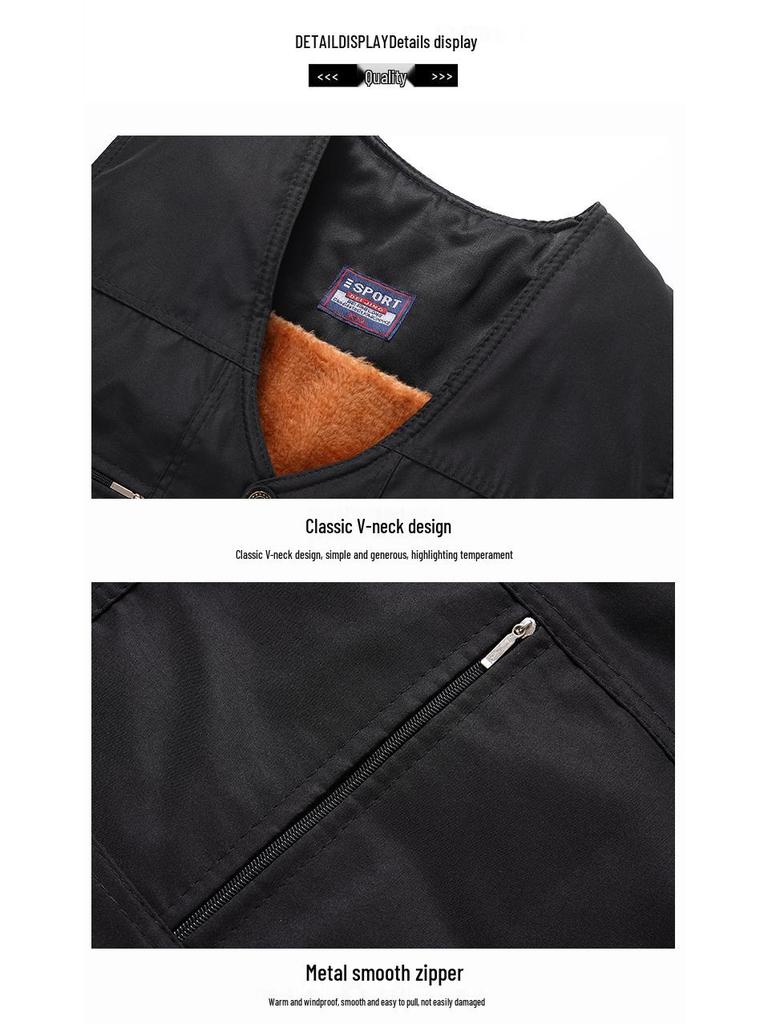Men's Autumn/Winter Fleece-Lined Multi-Pocket Sleeveless Vest - Warm Cotton Waistcoat for Middle-Aged & Elderly