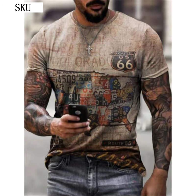 Summer Round Neck 3D Route 66 America Highway Print Top Fashionable Casual Short Sleeved Men's T-shirts