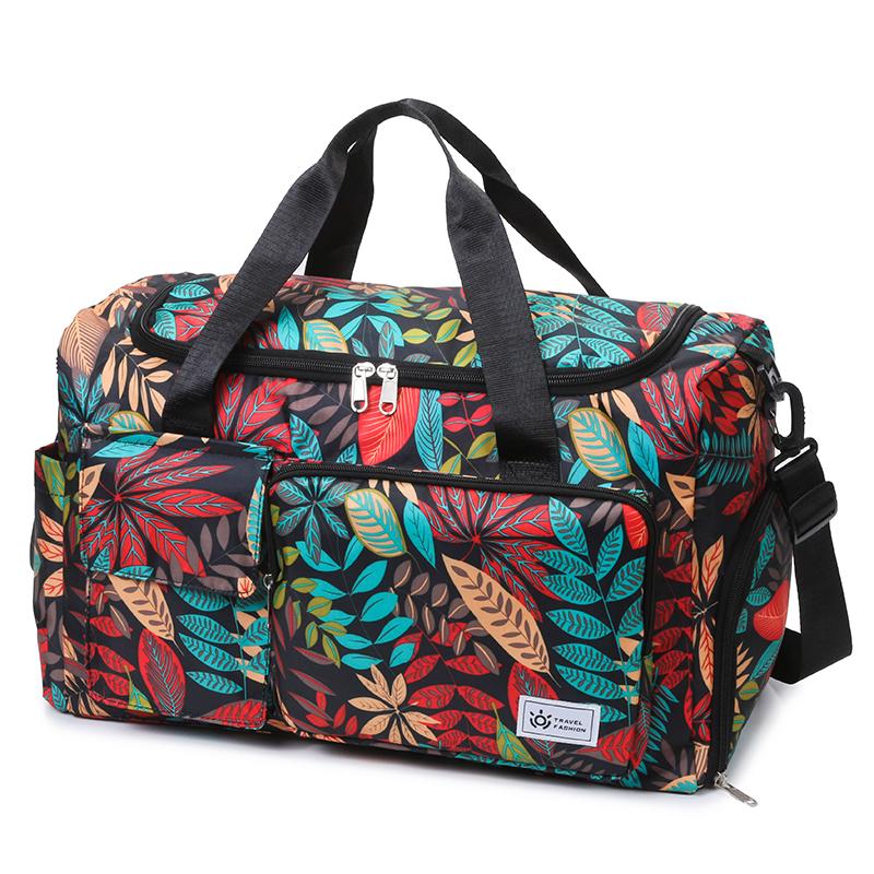 Oxford Fabric Travel Duffel Bag with Leaf Print Multiple Pockets Waterproof Gym Weekender Bag
