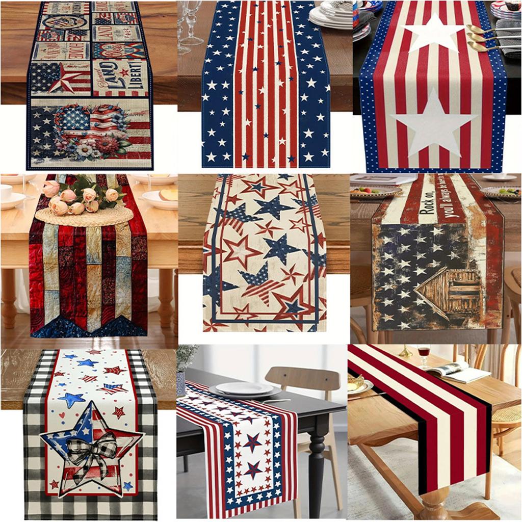 Linen Fabric Tablecloth 13x72In Vintage Independence Day Table Runner Slip-Proof Tablecloth for Placemats Table Cloth