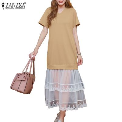 Women Casual Round Neck Short Sleeve Loose Patchwork Dress