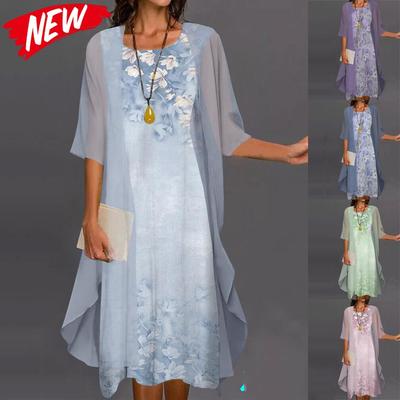 Plus rozmiar moda damska sukienka z nadrukiem 2 szt. Sweterek elegancki okrągły dekolt sukienki maxi Casual długie sukienki szyfonowe zestawy modowe