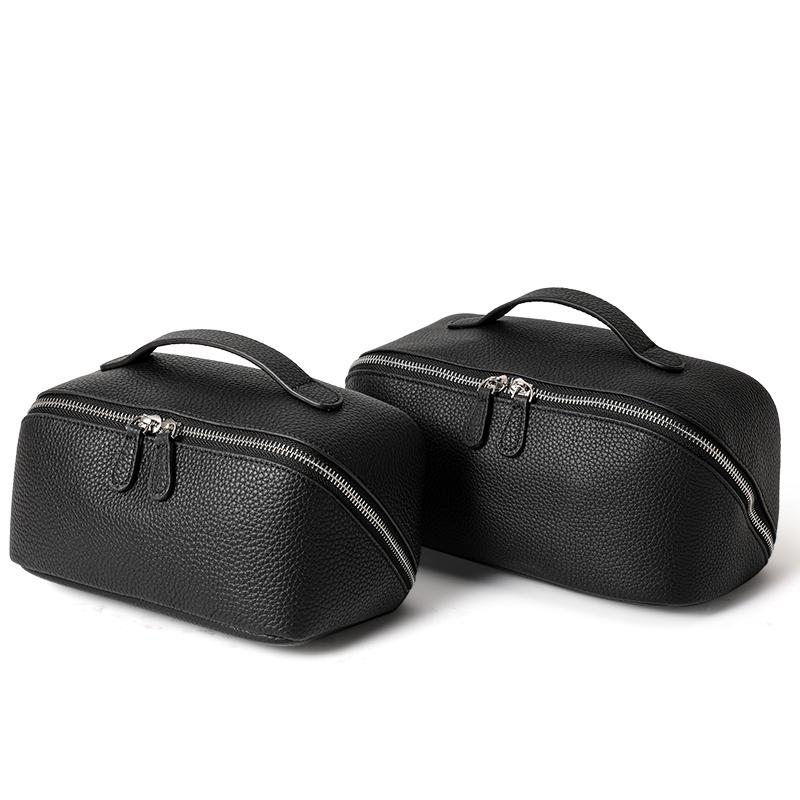 Top Grain Cow Leather Makeup Bag, 2 Sizes Litchi Grain Double Zipper Portable Handheld Travel Toiletry Bag Large Capacity Skincare Storage Organizer