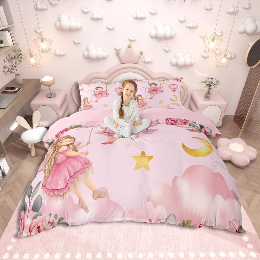 Homewish Cute Cartoon Elf Duvet Cover Set,Chic Flower Floral Bedding Set,Pink Purple White Bed Set For Girls