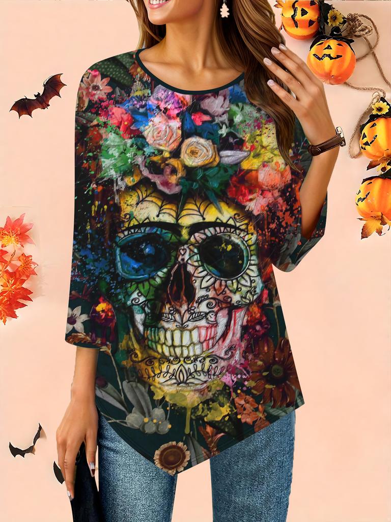 Women's Loose Round Neck Three Quarter Sleeve Tee 3D Halloween Pattern Ideal Halloween and Christmas Gift