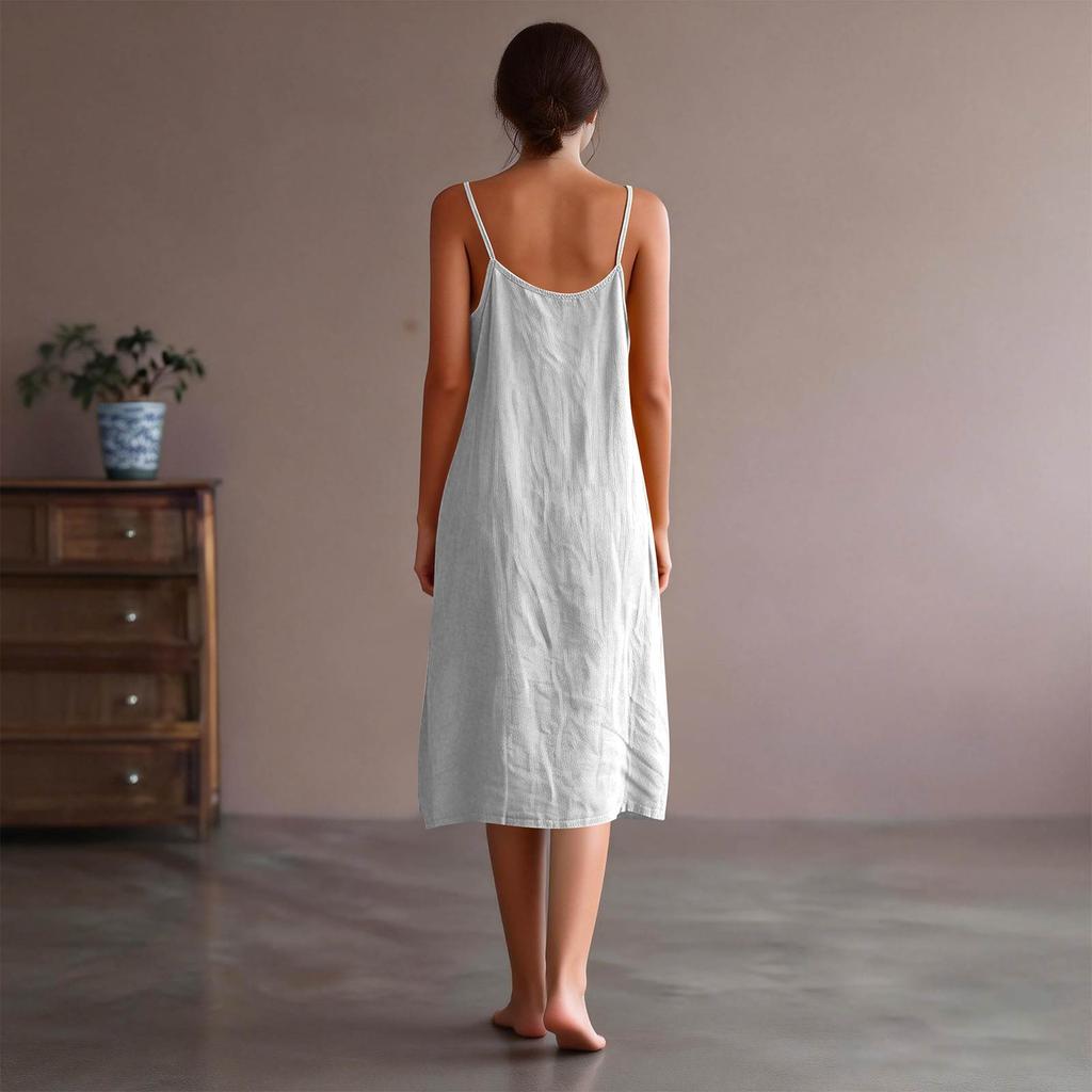 Women's Fashion Casual Loose Sleeveless Tank Top Cotton-Linen Mid Length Dress
