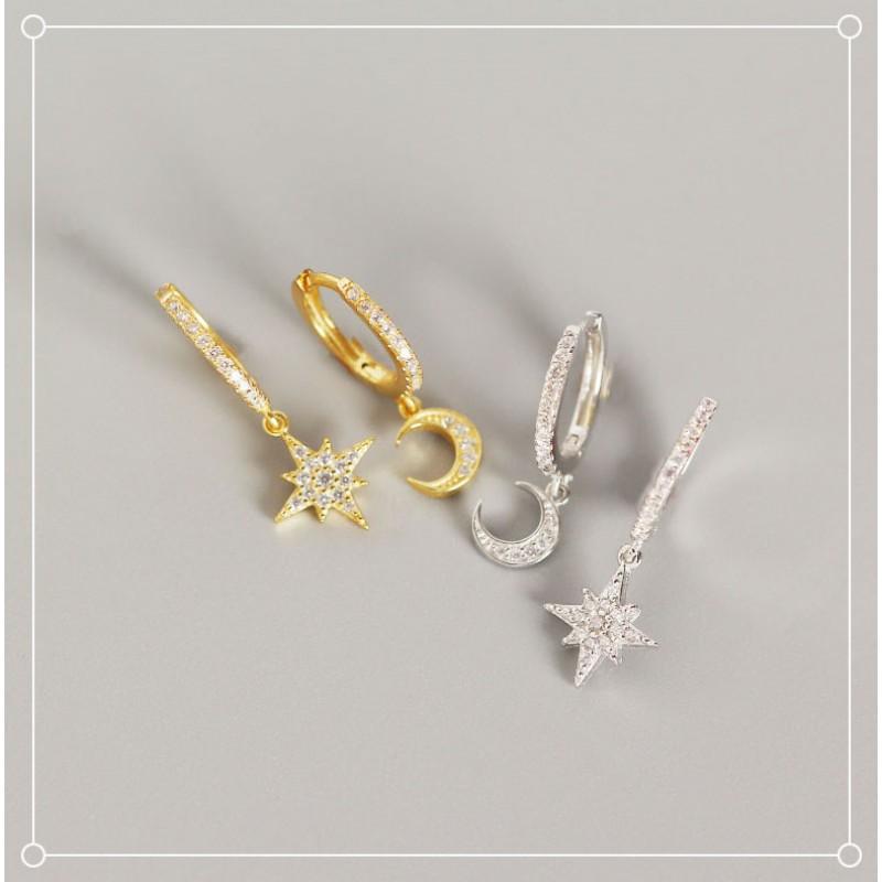 Asymmetrical Star Moon Earrings Women Sterling Studs Fashion Trendy Ear Cuffs