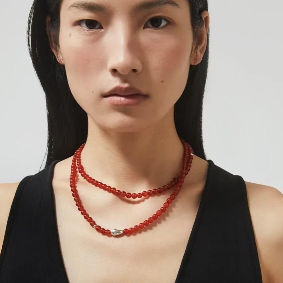 Szary Agat Łezka Naszyjnik z Białym Złoceniem - Luksusowy Koralikowy Łańcuszek Swetrowy