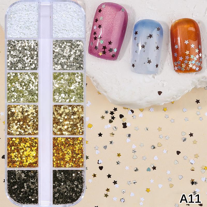 12 Grids Mixed Star Heart Nail Glitter 1Mm Star Sequin Nail Art Diy Colorful Sparkling Nail Charms Nail Decoration Accessories