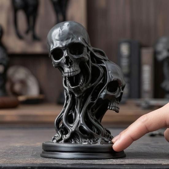 Unique Resin Desktop Decor 3D Printed Double Skull Ornament, Twisted Skeleton Figurine, Gothic Matte Black Statue for Halloween Home Bar & Horror
