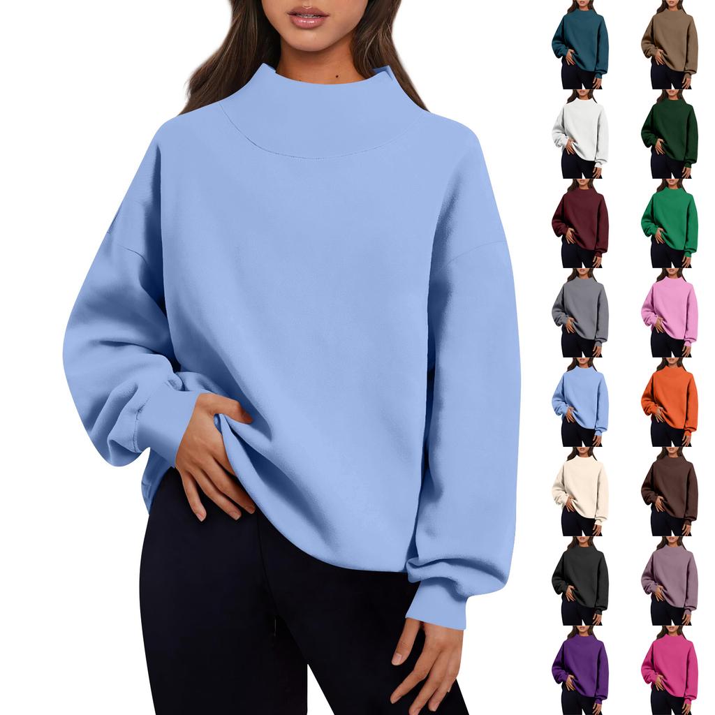 Women's Fashion Solid Color Long Sleeve Loose Slit Half Turtleneck Pullover Sweatshirt Top