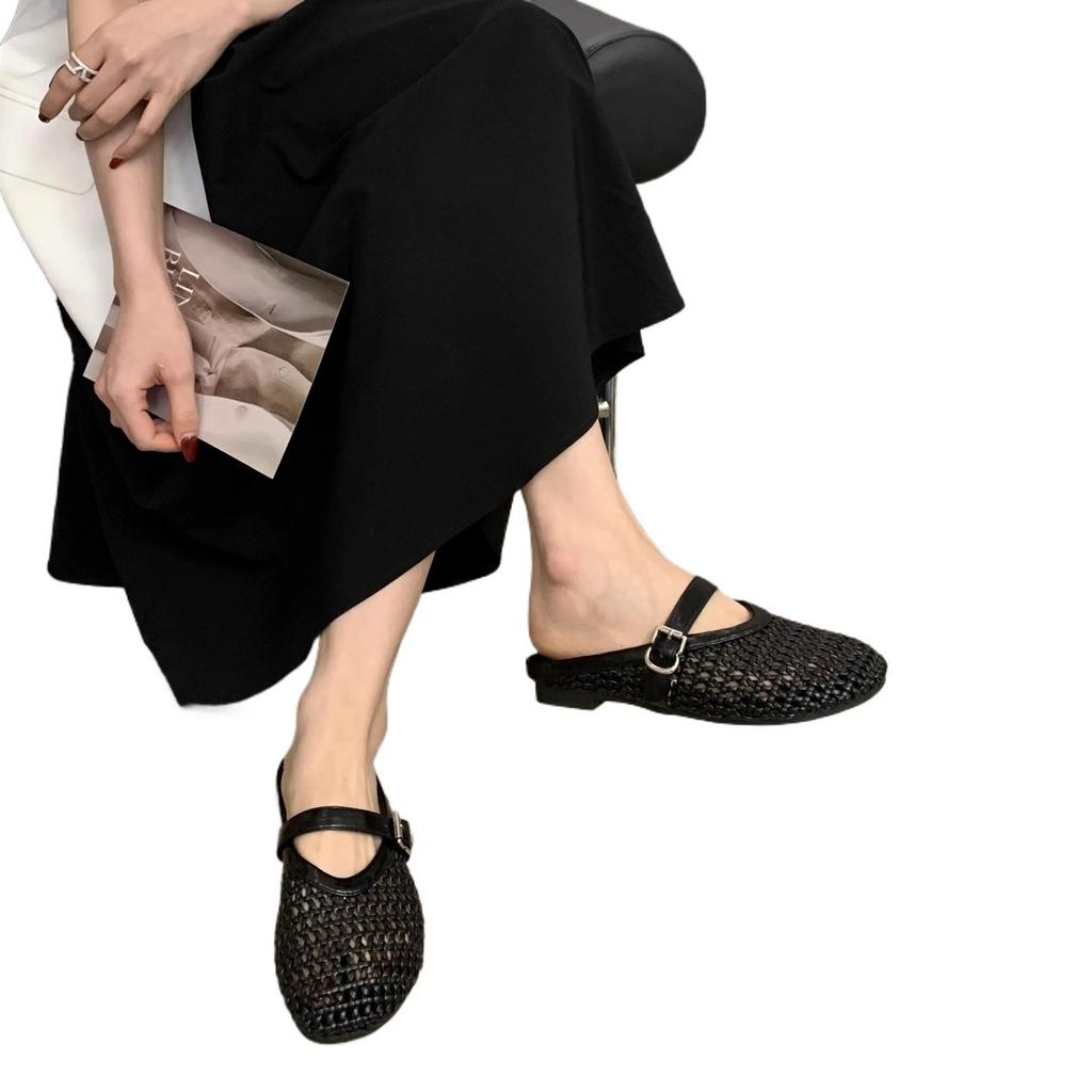 Flat bottom soft bottom bag head slippers women's outer wear 2025 summer new one-word belt Mary Jane woven hollow lazy shoes