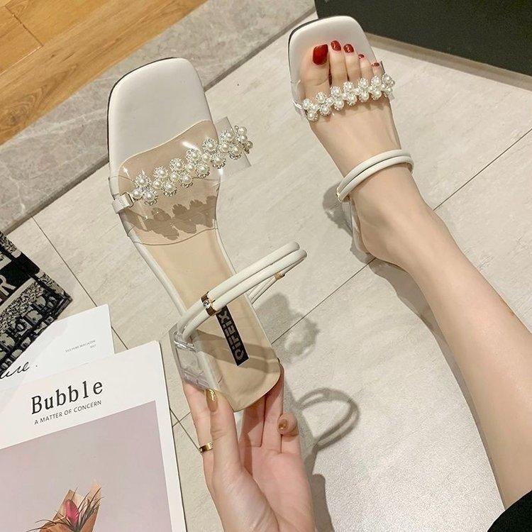 Summer transparent sandals outer wear year crystal high heels thick heel two wear with diamond cool slippers