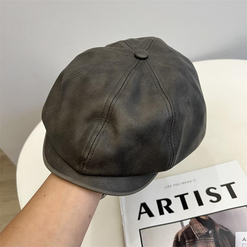

Ретро восьмиугольная кепка-федора из искусственной ПУ кожи с эффектом потертости, мужская и женская, осенне-зимняя, британская повседневная кепка художника, модная кепка M（56-58cm） серый