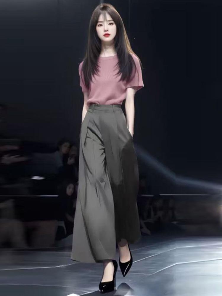 Chic Women's Summer Two-Piece Set: Stylish Short Sleeve Top & High Waist Wide Leg Pants