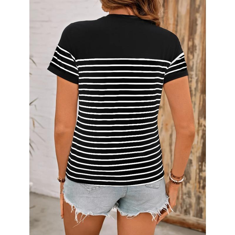 Contrast Striped Short Sleeved Summer Round Neck Pullover for Age Reducing Top, Slimming Casual T-shirt for Women In Black