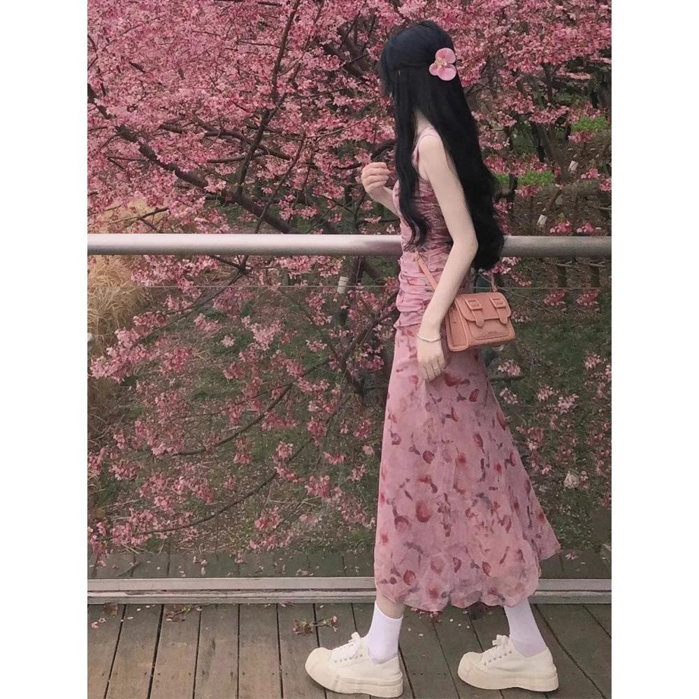 

Pink Rose Print Square Neck Spaghetti Strap Dress for Women - Elegant Autumn Slimming Waist Long Skirt M