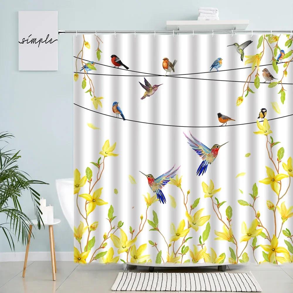 Цветы и птицы в китайском стиле Шторки для душа Белый цветок магнолии Ручная роспись Масляная живопись Ткань Декор для ванной комнаты Наборы 90x180cm-35x70in