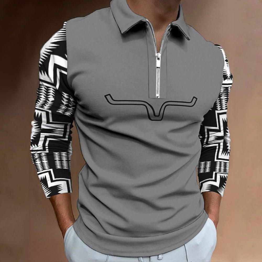 Men's Polo Shirt Autumn and Winter New Digital Printing T-shirt Casual Retro Long-sleeved Sweatshirt