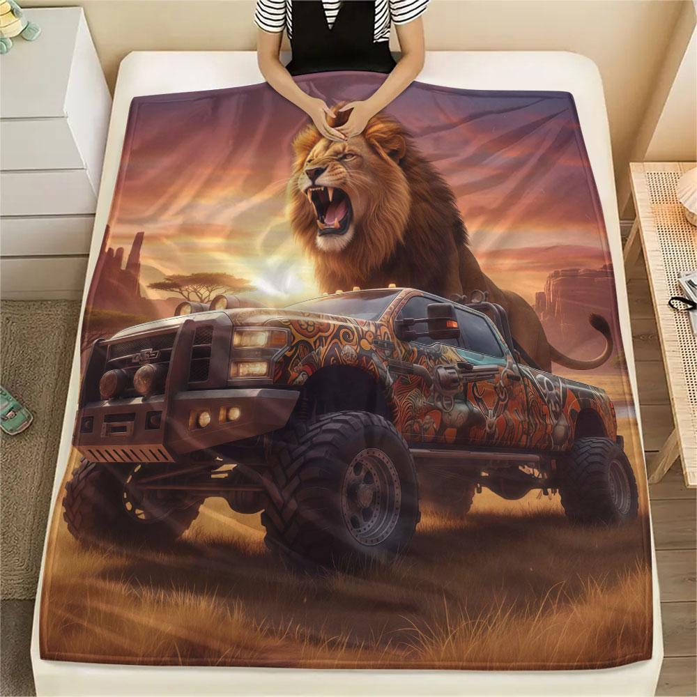 1Pc Cool Pickup Truck Print Flannel Blanket, High Quality Comfortable for All Seasons, Home Decor, Warmth and Comfort, Perfect for Christmas Gifts