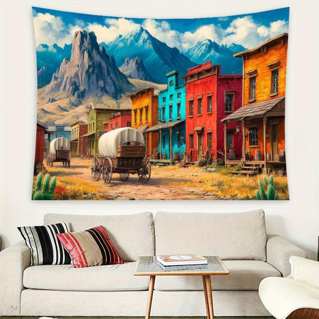 1pc Vintage Western Town Tapestry Reusable Polyester Wall Hanging with HandStitched Edges FadeResistant AntiWrinkle Fabr