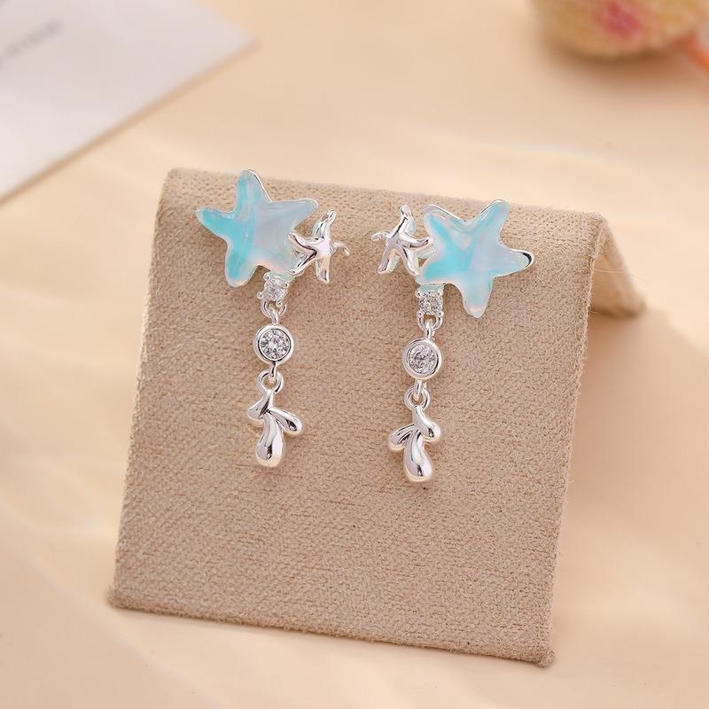 S925 Sterling Silver Blue Starfish Dangle Earrings Shiny Zircon Ocean Style Drop Earrings Sweet Fresh Women Daily BeachJewelry
