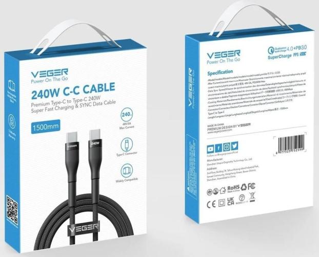 Veger Cable USB-C To USB-C PD 48V 5A 240W CC03 1.5m, Black