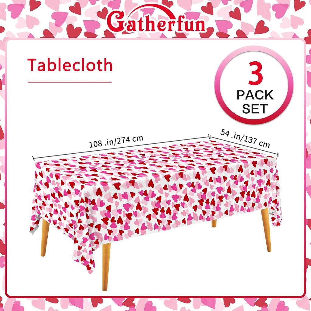 Gatherfun Valentine's Love 3-Pack Tablecloths: Waterproof & Disposable Plastic Covers, 54x108, Romantic Heart-Themed Decorations for Memorable Party