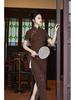 2025 Spring/Summer Red Cheongsam Long Dress - Chinese Style, Short Sleeve Performance Costume