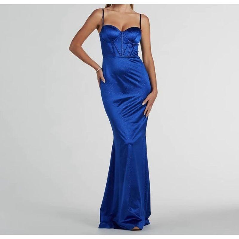 

Foreign Trade Order Love Home High Cold Goddess Sling Sexy Stretch Fishbone Flattering Hot Drilling Banquet Long dress Dress Blue L