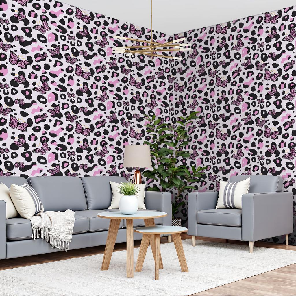 Pink Butterflies Leopard Print Wallpaper 22.83"X118" Waterproof Wallpaper for Living Room/Bedroom/Bathroom PVC Wall Sticker