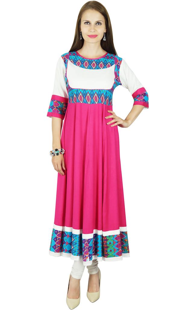 Bimba Women Pink Anarkali Kurti Long Flaired Rayon Kurta Indian Ethnic