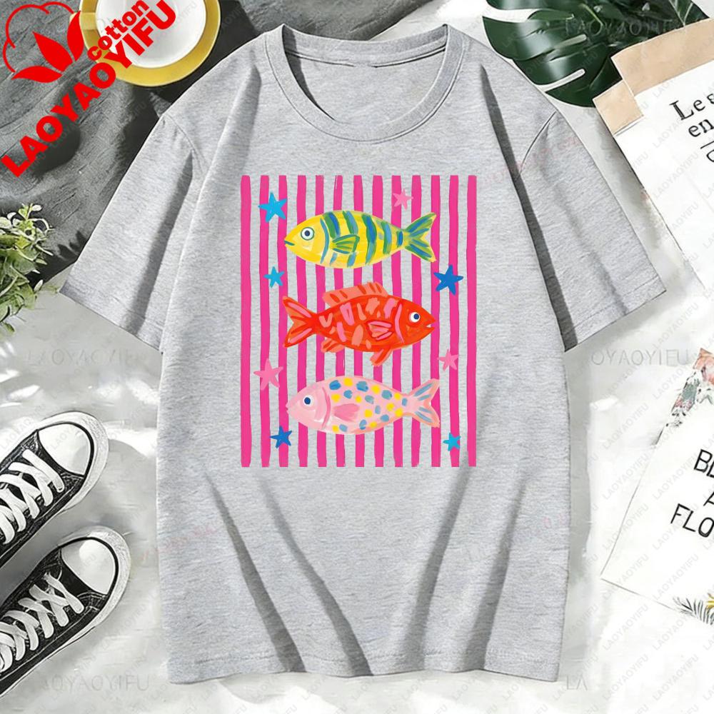 Bright Striped Fish Graphic Tee Y2k Pop Art Aesthetic Bold Pink Colorful Fish Print Nautical Summer Everyday Casual TShirt