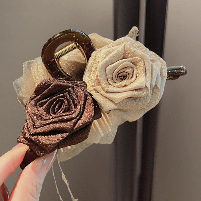 Dry rose antique flower grab clip female 2026 large shark clip back head hair clip headgear