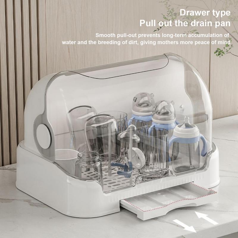 Portable Baby Bottle Drying Rack & Organizer - Dustproof Storage Container with Removable Drip Tray, Hygienic Feeding Accessorie