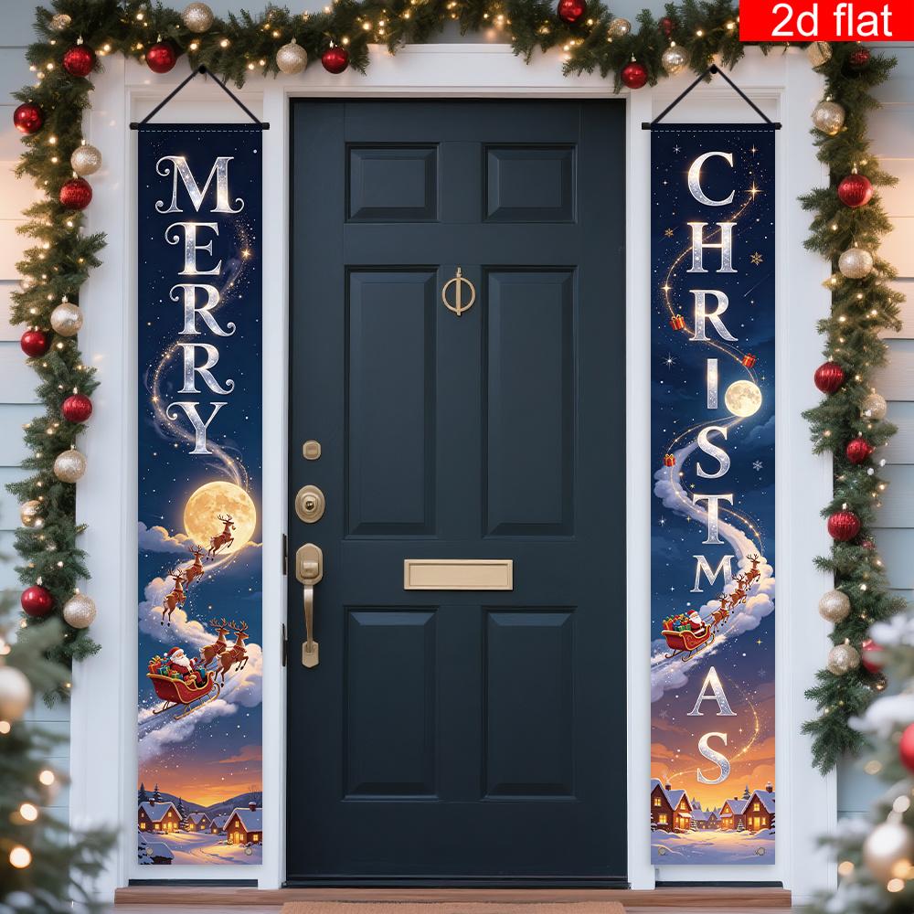 2D Flat, 2D Flat - 2D Flat, 2pcs, Merry Christmas Themed Front Porch Sign Banner, Polyester, Featuring a Full, Santa'S Sleigh, Reindeer, And Snow Vill