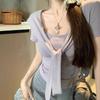 Women's Summer Slim Fit Purple Spliced Taro Short-Sleeve Shawl Top - Gentle Style, Versatile Slimming Design