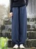Women Ramie Vintage Thick Warm Pants Autumn Solid Color Elastic Waist Loose Long Pants with Pockets