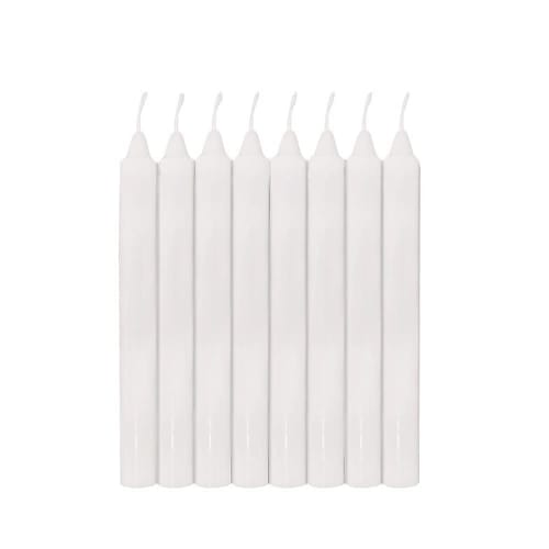 8 white candles, 19mm x 19.5cm, burn time approximately 7 hours, white