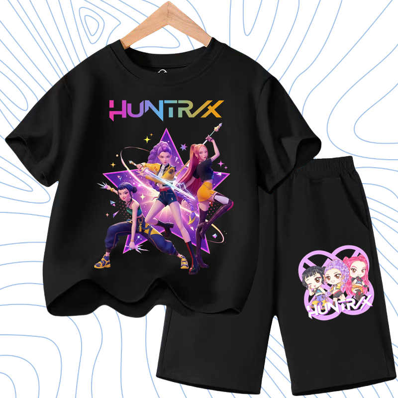 

Fashion Cartoon Print Kids Short Sleeve T-shirt Set Girls Boy White Black T-shirt Shorts 2pcs Outdoor Casual Kids Set Clothing 5-6Y