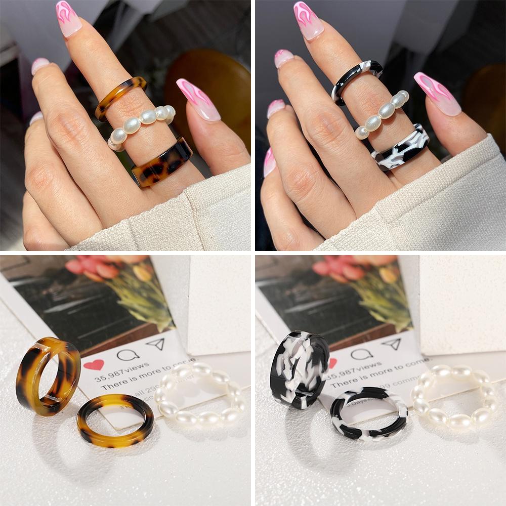 iF ME Set de 3 bucăți/set de inele din rășină cu perle de moda coreeană cu imprimeu leopard Inele maro negre accesorii femei