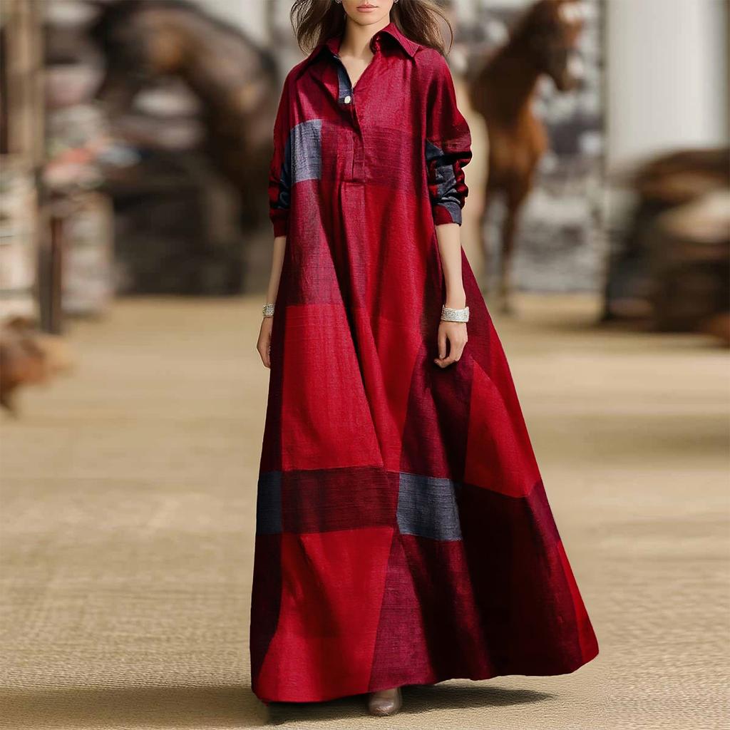 Ladies' Elegant Long Sleeved Plaid Shirt Dress Fashionable Plaid Shirt Collar Dress