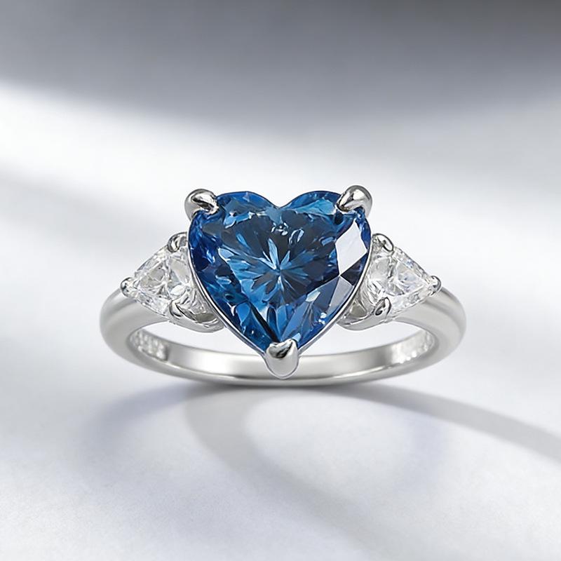 Xiancan Jewelry S925 Silver Heart-Shaped Blue-Gray Diamond Three-Stone Ring