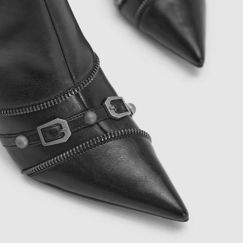 Cool Girl Motorcycle Long Boots Fashion Pointed Toe Rivet Knee High Booties Autumn Winter Ladies Dancing Party Prom Shoes